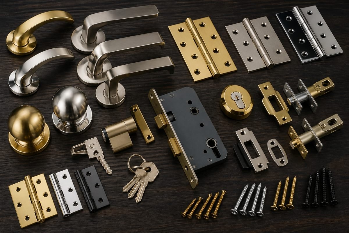 Door handles, hinges and locks
